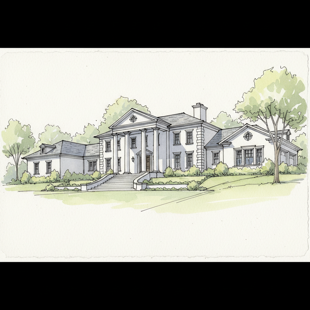 White Stucco Colonial Estate Arrival